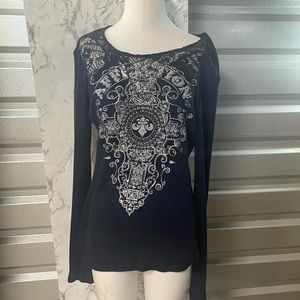 Sz Lg Navy Blue Long Sleeve Top w/ fleur-de-lis Design & Gem Stones
